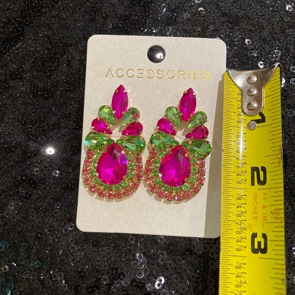 Pink and green water drop rhinestone earrings - Picture 7 of 7